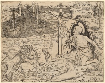 San Girolamo in Penitenza, con Due Navi in un Porto da Italian 15th Century