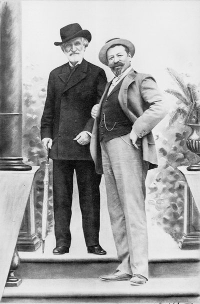 Giuseppe Verdi, compositore italiano (1813-1901), e il tenore Francesco Tamagno (1850-1905) a Montecatini alla fine del XIX secolo da Italian Photographer