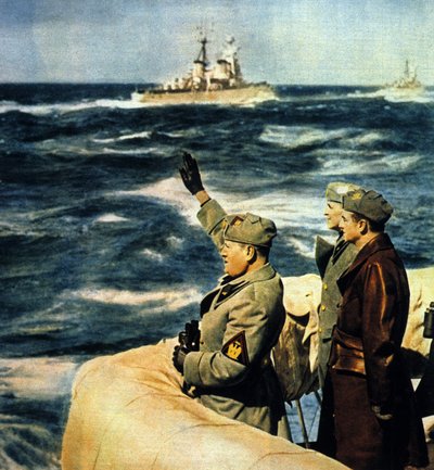 Viaggio di Mussolini in Libia. Il Duce passa in rassegna la flotta italiana. 1926. Fotografia a colori da Italian Photographer