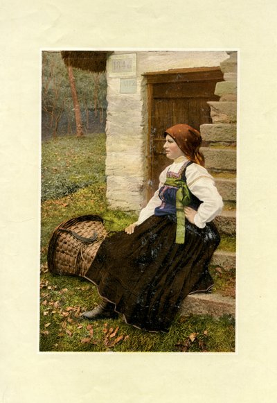 Donna in costume tradizionale con grande cesto accanto a lei, Sabbia, Piemonte, fotografia di V M da Italian Photographer