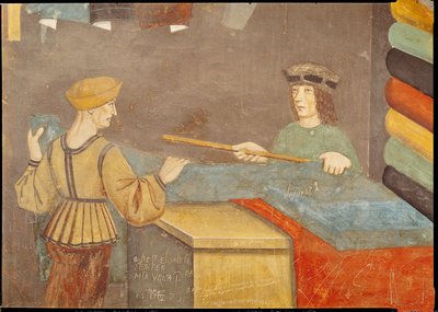 Un mercante di stoffe che misura la stoffa da Italian School