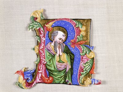 Un santo in preghiera, una grande iniziale istoriata R, c.1400 da Italian School