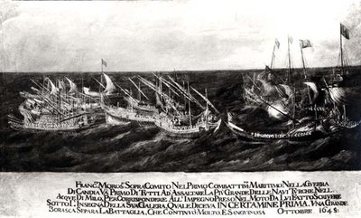 Battaglia navale tra la flotta veneziana sotto il generale Francesco Morosini (1618-94) contro i turchi al largo della costa di Creta, ottobre 1645 da Italian School