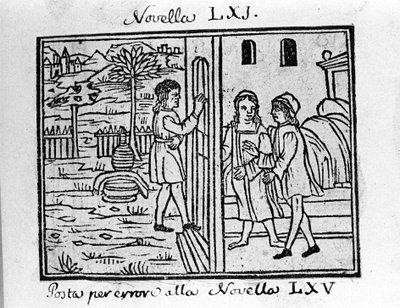 Una coppia vuole bussare alla loro porta. Illustrazione per la novella 61 (Novella 1 del 7° giorno) del "Decameron" di Giovanni Boccaccio (1313-1375), scrittore italiano. Incisione in "Decamerone ouer Cento novelle" Venezia, Bartolomeo de 