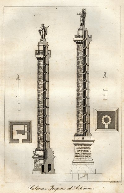 Sezione trasversale della Colonna Traiana (Colonna Traiana) (113 CE) e della Colonna di Antonino Pio (161 CE) a Roma - incisione da 