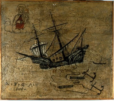 Un galeone getta ancore e due cannoni per liberarsi durante una tempesta. Ex voto del 1610 della Chiesa della Madonna dell