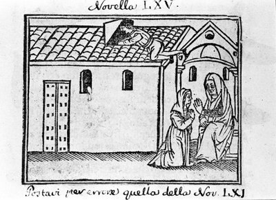 Un marito geloso si traveste da prete per raccogliere la confessione della moglie adultera. Illustrazione per la novella 65 (Novella 5 del settimo giorno) del "Decameron" di Giovanni Boccaccio. Incisione da Italian School