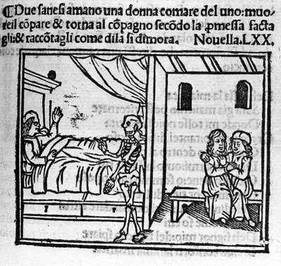 Un uomo innamorato della moglie del suo amico lo sostituisce nella casa matrimoniale quando muore. Illustrazione per la novella 70 (novella 10 del sesto giorno) del "Decameron" di Giovanni Boccaccio. Incisione in "Decamerone ouer Cento novelle" da Italian School