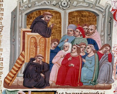 Un predicatore che si rivolge a una folla di fedeli. Miniatura tratta da 