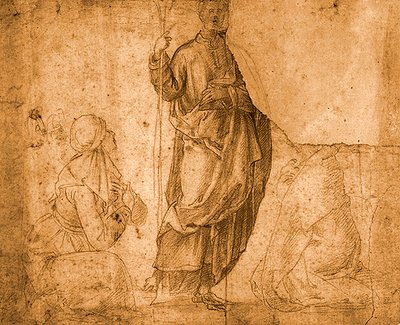 Un santo con due donne inginocchiate (gesso rosso su carta) da Italian School