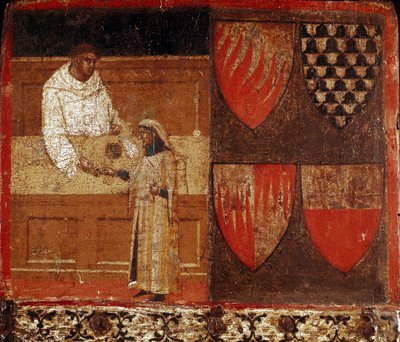 Un esattore delle tasse e un contribuente Dipinto anonimo su legno che decora una Biccherna (copertina del registro contabile della città di Siena) del 1340. Archivio Nazionale - Museo delle Tavolette di Biccherna, Siena da Italian School