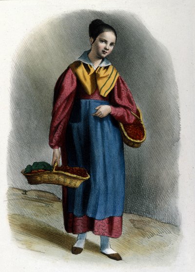 Una giovane venditrice ambulante di fragole. Incisione del mestiere milanese di Locarno del 1830 da Italian School