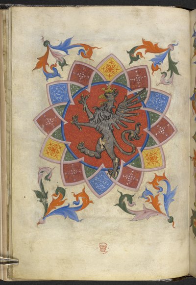 Add. 21965, f.5v Figura araldica: Un grifone, Statuto della Gilda dei Sarti, da 