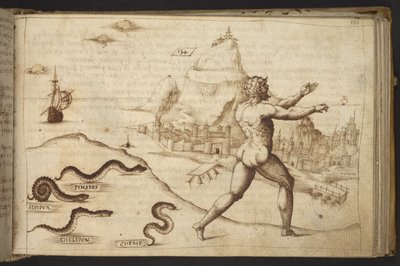 Add. 82955, f.133 Serpenti che inseguono una figura umana, da Historia Animalium, (consistente in 245 disegni a penna e inchiostro di diverse specie di animali e creature mitiche, ciascuno accompagnato da una descrizione.) 1595 da Italian School