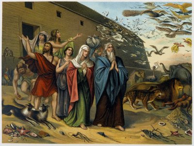 Dopo il diluvio, Noè, la sua famiglia e gli animali escono dall