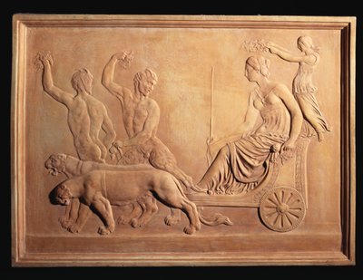 Pannello in terracotta italiana raffigurante il Trionfo di Arianna, mostrato nel carro trainato da pantere di Bacco con Sileno e Pan che osservano, c.1870 da Italian School