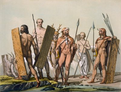 Antichi guerrieri celtici vestiti per la battaglia, con uno sciamano, c.1800-18 da Italian School