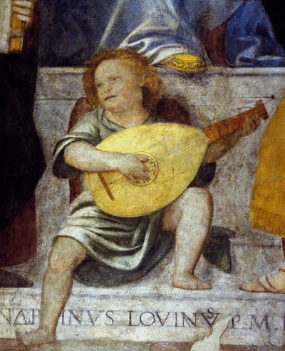 Angelo musicista che suona il liuto. Dettaglio di un affresco del XVII secolo da una chiesa di Milano da Italian School
