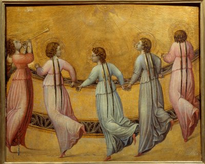 Angeli che danzano davanti al sole. Girotondo di angeli su sfondo dorato che si tengono per mano. Pittura anonima della scuola italiana da Italian School