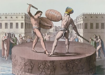Guerrieri aztechi in combattimento su un Cuauhxicalli, c.1820 da Italian School