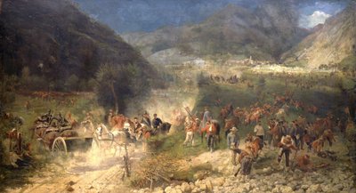 Battaglia di Bezzecca: i volontari di Giuseppe Garibaldi combattono gli austriaci il 21/07/1866. Museo del Risorgimento. Milano da Italian School
