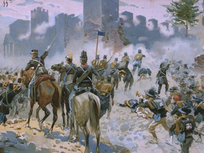 Battaglia di Solferino e San Martino, 24 giugno 1859, illustrazione da un album sulla storia del Risorgimento realizzato per il cioccolato Talmone, fine XIX secolo da Italian School