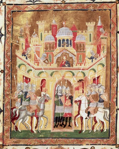 Scena di battaglia alle mura di Gerusalemme, da Descriptio Terrae Sanctae di Burcardus Theutonicus o Burchard di Monte Sion da Italian School