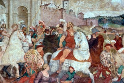 Scena di battaglia fuori dalle mura della città da Italian School