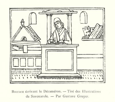 Boccaccio scrivendo il Decameron, Tratto dalle Illustrazioni di Savonarola, di Gustave Gruyer (incisione) da Italian School