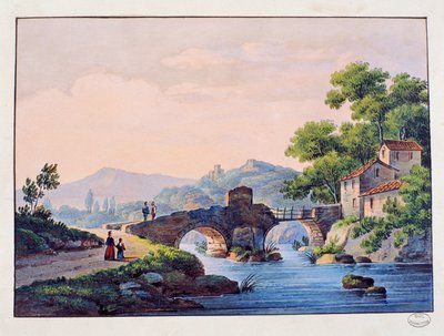 Ponte su un fiume, paesaggio italiano da Italian School