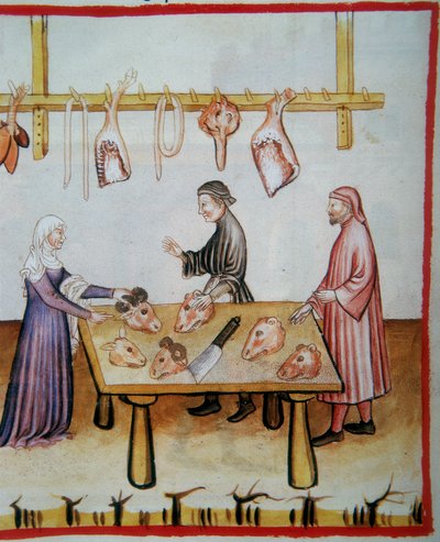 Macellazione di teste di animali. Illustrazione dal Codex Vindobonensis Series Nova 2644, Tacuinum Sanitatis da Italian School