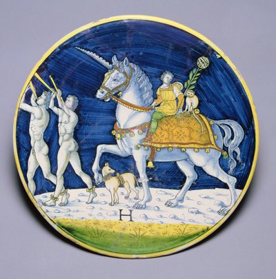 Piatto raffigurante il cavallo di Cesare dal Trionfo di Cesare, attribuito a Jacopo di Pietro, italiano, da Caffaggiolo da Italian School