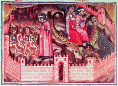 Canto XVII Quattro sodomiti: Dante e Virgilio cavalcano sul dorso di Gerione nel Cerchio dei Fraudolenti, dalla Divina Commedia (Inferno), c.1313 da Italian School