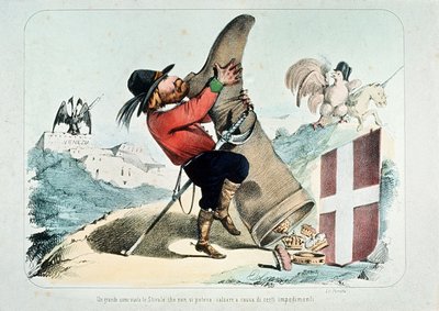 Caricatura di Giuseppe Garibaldi che svuota uno stivale (Italia) pieno di corone da Italian School