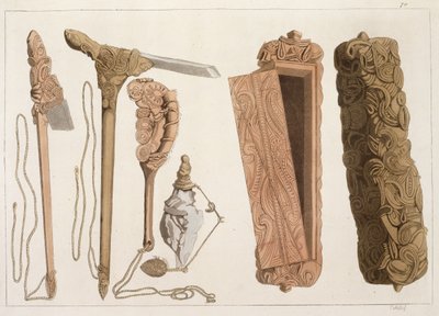 Strumenti aborigeni scolpiti e decorati, illustrazione da una collezione di libri di viaggio dei primi del XIX secolo da Italian School