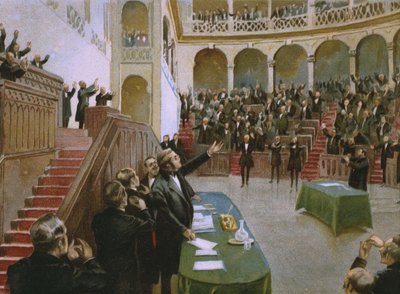 Cavour fa applaudire il re Vittorio Emanuele II (1820-78) dal primo parlamento nazionale italiano il 18 febbraio 1861, illustrazione da un album sulla storia del Risorgimento realizzato per il cioccolato Talmone, fine XIX secolo da Italian School
