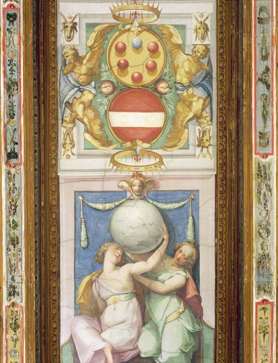 Decorazione del soffitto raffigurante due figure femminili che sostengono un globo: sopra è raffigurato lo stemma dei Medici da Italian School