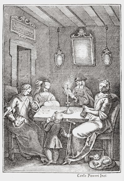 Chiaqlira legge racconti a un gruppo di cucito, copertina del Pentamerone di Giambattista Basile, 1742 da Italian School