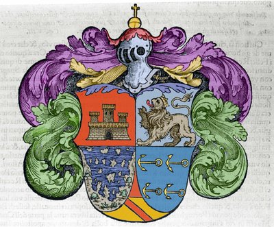 Stemma del navigatore Cristoforo Colombo (1451-1506): le quattro parti dello scudo rappresentano in alto la città di Castiglia e León, in basso le isole scoperte e gli ancoraggi simbolo dell