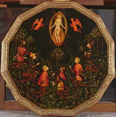 Vassoio di confinamento raffigurante il Trionfo di Venere venerato da sei amanti leggendari: Achille, Tristano, Lancillotto, Sansone, Paride e Troilo da Italian School