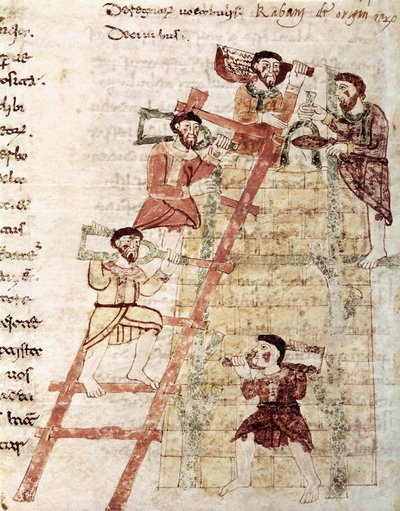 Costruzione di una Torre, Miniatura tratta dal manoscritto "De Universo" Libro 16 Cap. 1 di Maurus Rabanus, IX secolo da Italian School