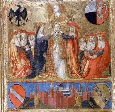 Incoronazione di Pio II (Enea Silvio Piccolomini) (1405-1464). Papa italiano (1458-1464). In basso la città fortificata di Siena. Bicherna (copertina del registro contabile della città di Siena) del 1460. da Italian School
