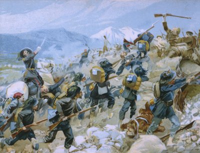 Guerra di Crimea e la battaglia della Chernaya, 16 agosto 1855, illustrazione da un album sulla storia del Risorgimento realizzato per il cioccolato Talmone, fine XIX secolo da Italian School