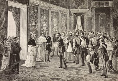 Il principe ereditario di Germania (futuro Federico III) ricevuto da Papa Leone XIII nella sala del trono, Vaticano, incisione da un disegno di Ximenes da uno schizzo di Dal Don da Italian School