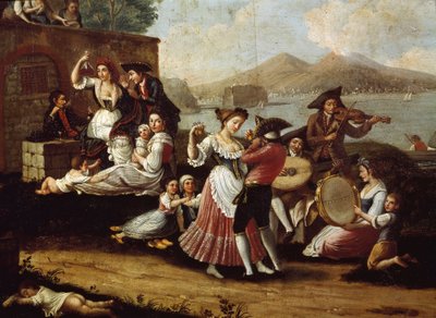 Scena di danza e festa popolare a Napoli. Danzatori di tarantella da Italian School