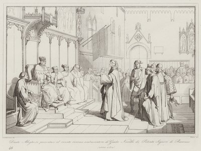 Dante Alighieri si presenta al senato come ambasciatore di Guido Novello da Polenta Signore di Ravenna da Italian School