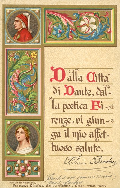 Dante, Beatrice, Divina Commedia (litografia a colori) da Italian School