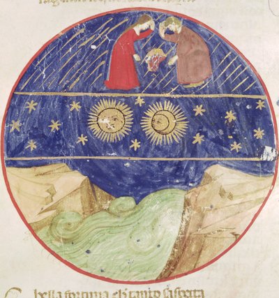 Dante e Beatrice contemplano il segno dei Gemelli, i pianeti e la terra, dalla Divina Commedia di Dante Alighieri da Italian School