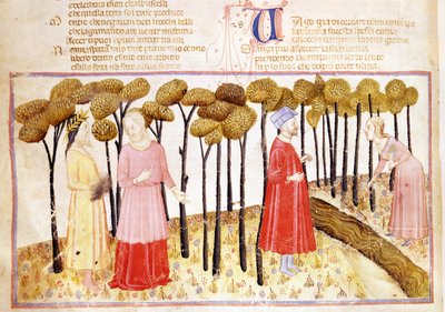 Dante e Virgilio (70-19 a.C.) alla sommità del Purgatorio, dalla Divina Commedia di Dante Alighieri (1265-1321) da Italian School