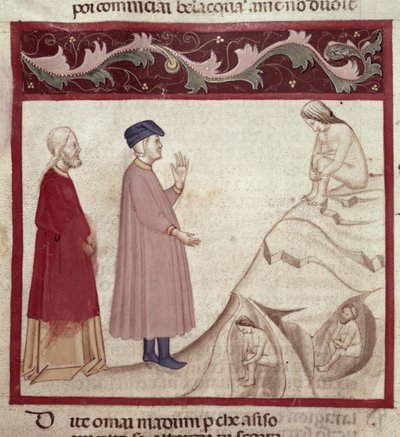 Dante e Virgilio (70-19 a.C.) incontrano le anime imprigionate nelle rocce, dalla Divina Commedia di Dante Alighieri (1265-1321) da Italian School